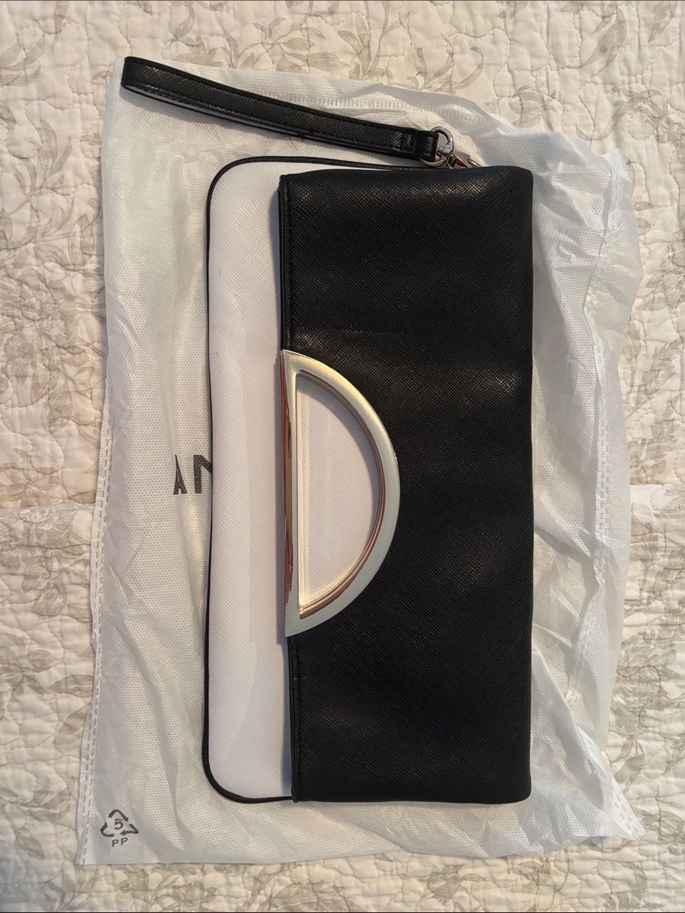 White House Black Market Black and White Wristlet Clutch with Gold Accent